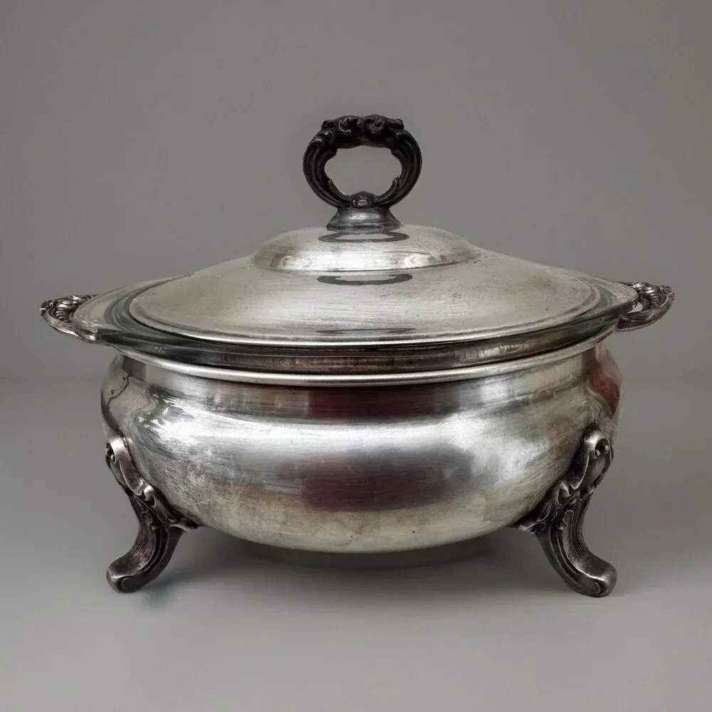 VTG Poole Silverplate Chafing Casserole Dish Set Pyrex 024 Lidded Serving Bowl